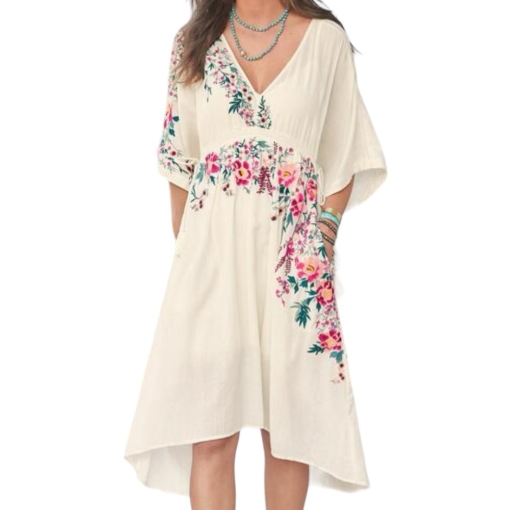 Sundance Cream High-Low Dress with Pink & Green Floral Embroidery